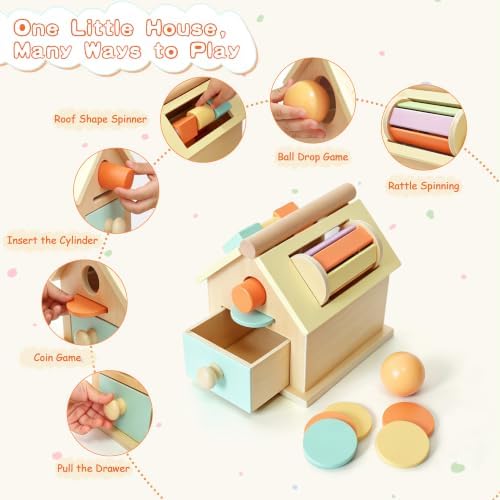 Montessori Toys for 1 Year Old, Toddler Learning Toys, Activity Cube for Toddlers 1-3, 5-in-1 Wooden Toy with Rattle, Shape Sorter, Ball Drop, Cylinder & Token Play, Gift for Boys & Girls - Image 2