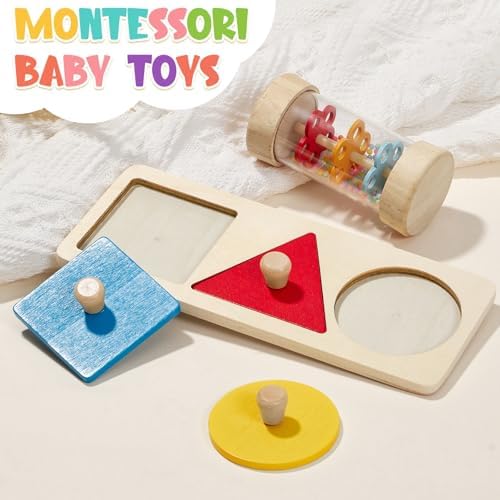 Toyssa Wooden Montessori Toys for Babies12 months with Rainbow Color and Mirror Spinning Drum/Baby Shape puzzle 12+ months/Sensory Toy Rain Rattle, Montessori Toys Gifts for Toddlers 1 Years Old - Image 3