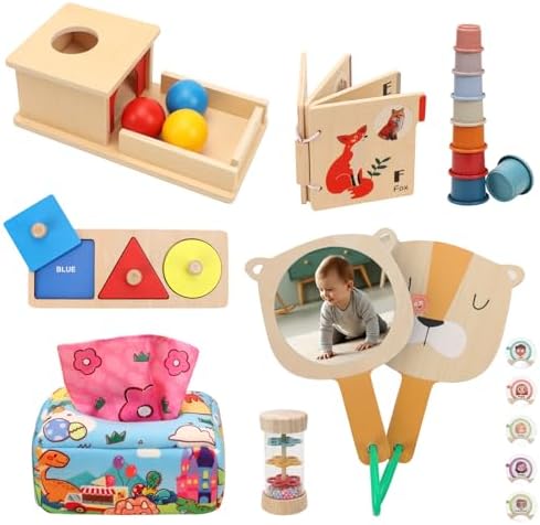 Montessori Toys for Babies 6-12 Months, 7 in 1 Wooden Educational Development Toys Sensory Learning Gift for Toddlers with Object Permanence Box, Emotion Learning Mirror, Tissue Box,Rainmaker and More by Unknown
