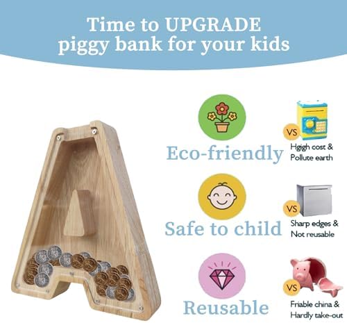 Wooden Letter Piggy Bank for Kids Boys Girls, A-Z Letters Wood Coin Bank Money Box, Piggy Bank for Toddler Family Christmas Birthday Gift(C) - Image 2