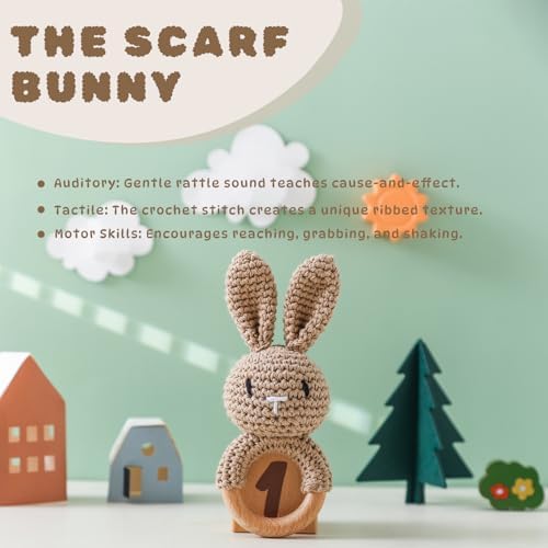 Moyii Natural Wooden Baby Rattle - Organic Crochet Bunny Teether Ring - Montessori Sensory Grasping Toy for Infants 0-12 Months, BPA-Free Handmade Newborn Shower Gift - Image 2