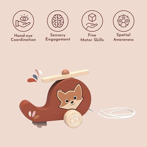 SPEEDY MONKEY Wooden Pull-Along Helicopter | Rolling Toddler Toy Playset - Image 6