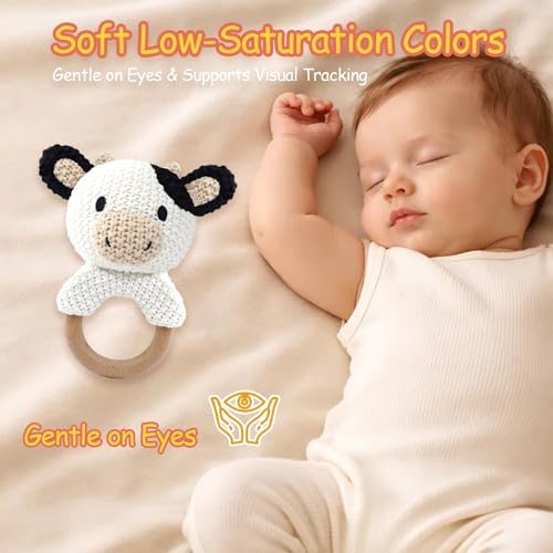 Cow Baby Rattle Sensory Toy Knitted Plush Stuffed Animal Teether Wood Ring Visual Tracking Auditory Development Shaker for Infants 3-9 Months Baby Birthday Shower Gift Infant Toys Gift - Image 5