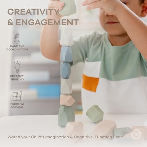Comfy Cubs Stacking Rocks 36 Pieces, 36 Months+, Educational Toddler Stacking Blocks, Promotes Imagination, Balance & Fine Motor Skills - Wooden Rocks Sensory Toys Gift for Kid, Neutral Pack - Image 3