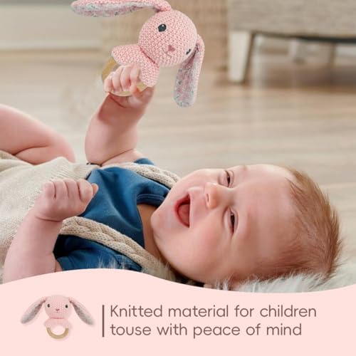 Baby Toys Stuffed Animals Handbell,Rabbit Rattle Toy Wooden Rattle Toys for Baby,Knit Bunny Stuffed Animal Cute Rattle with Teether Ring Newborn Birthday Gifts（Bunny） - Image 2