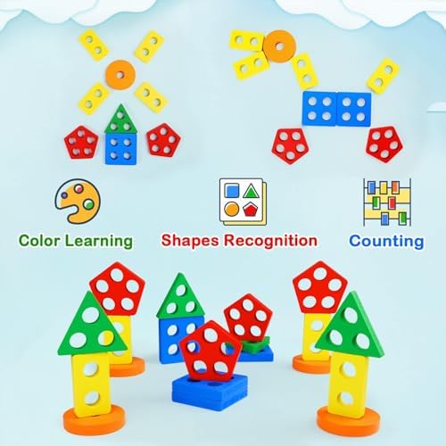 Practical Life/Sensory Geometric Column Colors & Shapes Puzzles Stacking Tower: Wooden Blocks 2-6 Years Old Toddlers Color Recognition Toy Educational Occupational Therapy STEM Gift - Image 6