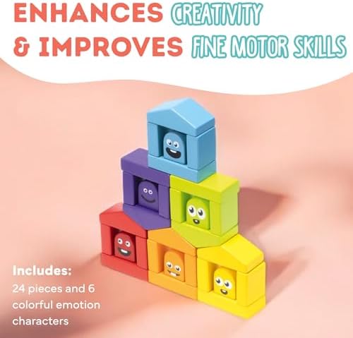 CUBIKA Wooden Construction Set Colorful Houses – 24-Piece Construction Play Set with Emotion Characters for Toddlers 2+– Montessori Toy for Creativity, Cognitive Development, and Emotion Recognition - Image 5