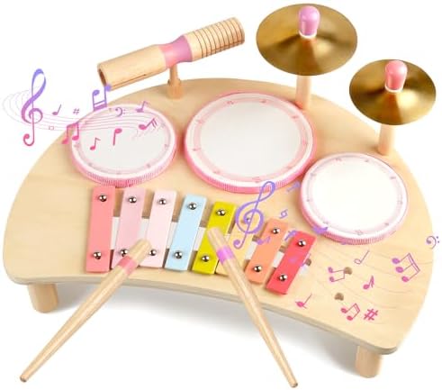 Kids Drum Set, Montessori Toys Wooden Musical Instruments for Baby Toddlers by Rmischolar