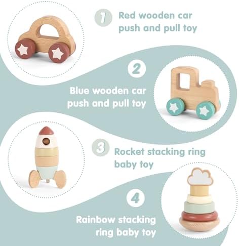 FReniland Wooden Montessori Toys, 4-Piece Wooden Baby Toy, Rainbow Stacking Ring,Car Push and Pull Toy, Rocket Stacking Ring Babys Toys,Newborn Baby Gift Sets for Boys and Girls - Image 6