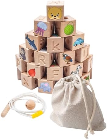 Bimi Boo Alphabet Lacing Letters for Toddlers - ABC Lacing Beads, Fine Motor Threading Wooden Toy with Objects & Animals (26 Large Stringing Blocks, 2 Ropes, Cotton Bag) - Image 4