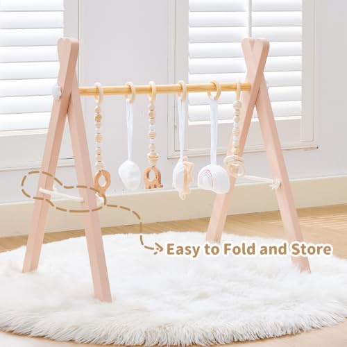 Foldable Wooden Baby Play Gym with 6 Sensory Toys – Montessori Activity Center for Newborns, No-Tool Assembly, Natural Wood Indoor Gym for Infant Motor Development & Tummy Time (Pink) - Image 7
