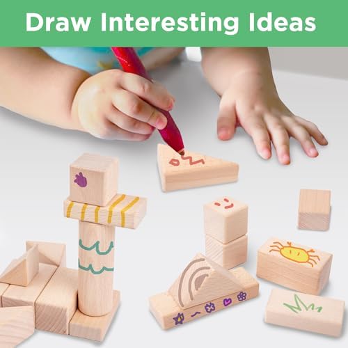 iPlay, iLearn Kid Wooden Building Block Toy Set, Toddler Natural Wood Block - Image 4