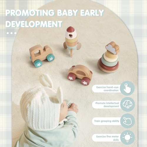 FReniland Wooden Montessori Toys, 4-Piece Wooden Baby Toy, Rainbow Stacking Ring,Car Push and Pull Toy, Rocket Stacking Ring Babys Toys,Newborn Baby Gift Sets for Boys and Girls - Image 4