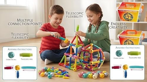 86PCS Flexible Building Rods for Kids Ages 3+, STEM Construction Toy with Bendable Rods & Connectors, Creative Building Set with Storage Box, Educational Toy for Boys & Girls - Image 6