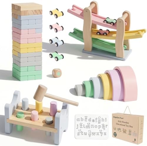Magnetic Color & Number Maze + Wooden Toy Gift Box for Toddlers 1-5, Montessori Learning Set with Stacking Blocks, Track Racer, Silicone Mat, Rainbow Stacker & Pounding Toy - Image 6