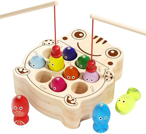 Wooden Magnetic Fishing Game for Toddlers 1-3, Montessori Sensory Busy Board Fine Motor Skills Toys for 1 2 3 Years Old Boys Girls (Frog B-Fish Game) by EDUTREE