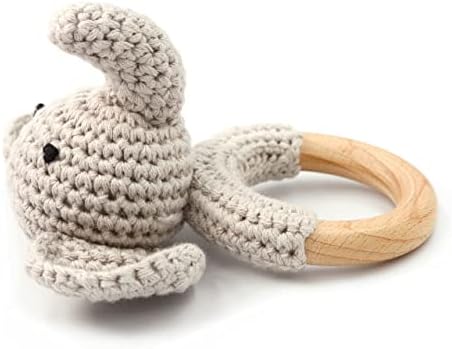 Joliecraft Woodland Friends Baby Rattle Shaker Toy with Wooden Teething Ring Gray Elephant - Image 2