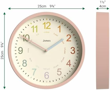 JONES CLOCKS® Kids wall Clock | Small Modern Children’s Nursery Clock | 10" | Pink | Colourful dial for Learning to Tell the time - Image 3