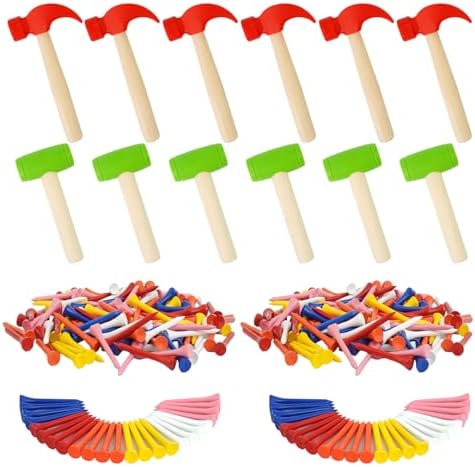 12 Pcs Kids Wooden Hammer Toy Small Simulation Hammers with 120 Pcs Colorful Wood Golf Tees Plastic Educational Toys for Children Birthday Party Gift(Red and Green) by PEDOBALI