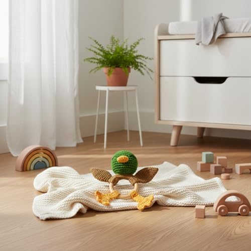 Wooden Baby Rattle for Boys and Girls, Crochet Stuffed Animal for Newborn, 3 4 5 6 Month Toys, Mallard Duck - Image 5