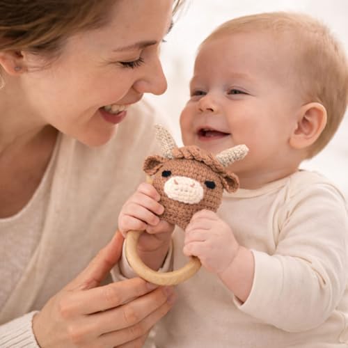 Wooden Baby Rattle for Boys and Girls, Crochet Stuffed Animal for Newborn, 3 4 5 6 Month Toys, Highland Cow - Image 7