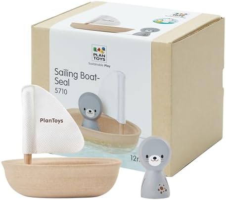 PlanToys® Wooden Sailing Boat with Seal, Kids Bath Time Water Play Toy Fun by PlanToys