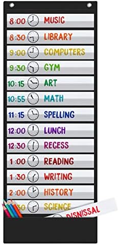 Daily Schedule Pocket Chart, 13+1 Scheduling Pocket Chart with18 Dry-Eraser Cards, Educational Charts for Classroom Office Home Preschool Activity (Black) by Godery