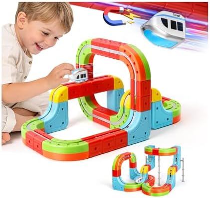Magnetic Train Set for Kids, 3D Electric Train Set, Modular DIY Building Track Toy with Vertical Climb & Upside Down Action, STEM Educational Toy Gift for Boys Girls Ages 3+ by Hestiasko