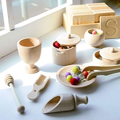 Blue Ginkgo Sensory Bin Tools – Montessori Fine Motor Skills Learning Set for Toddlers and Kids Pretend Play [9 PC] Kitchen Wooden Set with Scoops, Bamboo Tongs - Image 6