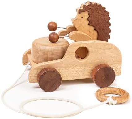 Hedgehog Pull Toy | Montessori Wooden Pull-Along Walking Toy with Wooden Grip Ring | Natural Drumming Sound for Kid Toddlers by DadCarved