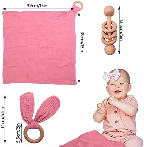 Baby Lovey, Wood Rattle, 3 Pack Montessori Gift, Coral Pink, Cotton, Double Gauze, Baby Girl Shower Gift - Image 6