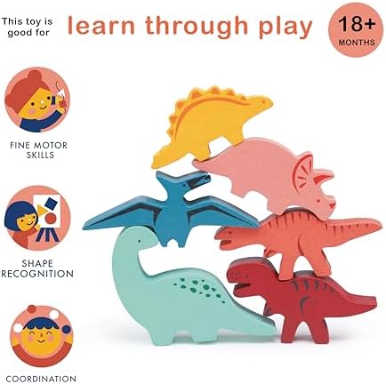Mentari Toys - Happy Stacking Dinosaurs - 6pc Wooden Stacking Toy for Toddlers - Colorful Dinosaur Balancing Activity Toy with Bag - Boost Fine Motor Skills and Dexterity - Age 18m+ - Image 5