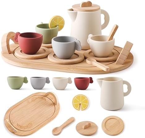 Youuys Wooden Tea Party Set for Toddler 3-5,Kids Tea Sets for Little Girls 4-6, 14pcs Silicone Kitchen Accessories, Pretend Play Montessori Toys with Tray for 3 4 5 6 Year Old Birthday by YOUUYS