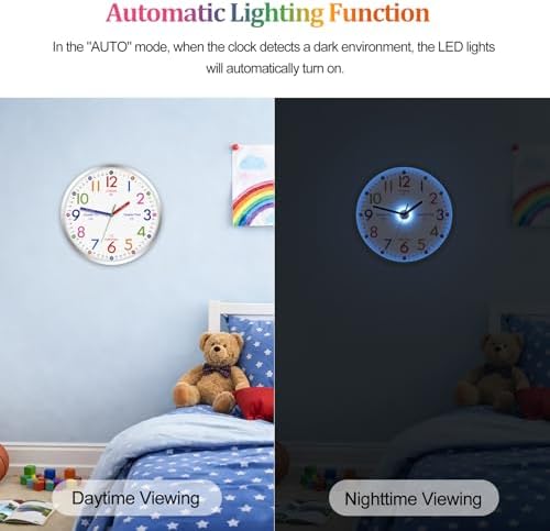 JoFomp Telling Time Teaching Clock, 8 Inch Illuminated Wall Clock for Kids Bedroom, LED Wall Clocks Battery Operated, Silent Learning Clock for Kids, Teachers & Classroom, Light Sensor - Auto Lighting - Image 3