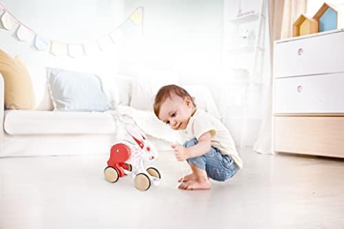 Hape: Pull Along - Bunny - White & Red - Wooden Animal Toy, Rubber Rimmed Wheels, Encourages Walking, Push & String Pull, Kid Baby Toddler, Age 12 mo+ - Image 6