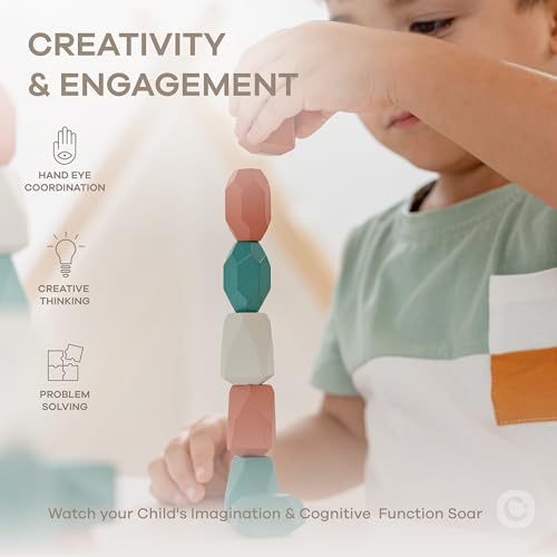 Comfy Cubs Stacking Rocks 36 Pieces, 36 Months+, Educational Toddler Stacking Blocks, Promotes Imagination, Balance & Fine Motor Skills - Wooden Rocks Sensory Toys Gift for Kid, Dino Pack - Image 3