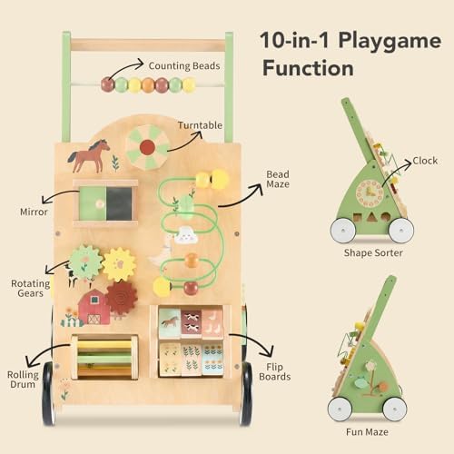 DUMOS Wooden Baby Push Walker, Montessori Toy, Adjustable Speed, 1+, Green - Image 5