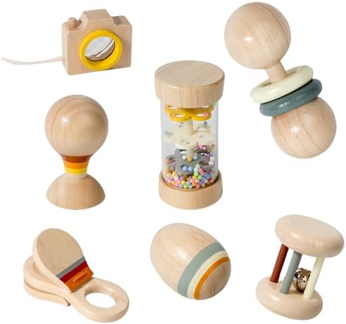 7 Pcs Wooden Baby Toys Set, Organic Rattles & Montessori Musical Toys by Unknown