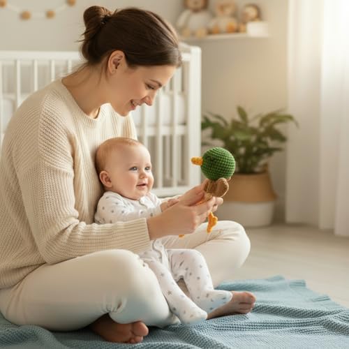 Wooden Baby Rattle for Boys and Girls, Crochet Stuffed Animal for Newborn, 3 4 5 6 Month Toys, Mallard Duck - Image 4