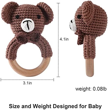 Wooden Baby Rattle Crochet Bear Baby Toys Handmade Newborn Toy Early Development Grips Stuffed Animal Organic Rattle - Image 4