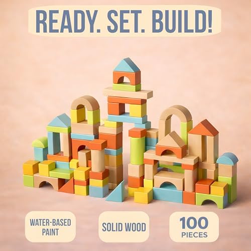 MOD 100-Piece Wood Building Blocks Set — Includes Heavy Duty Shape-Sorter Lid & Storage Bucket Pastel Color Wooden Blocks, Educational Screen-Free Toy for Toddlers Ages 1 2 3 - Image 7