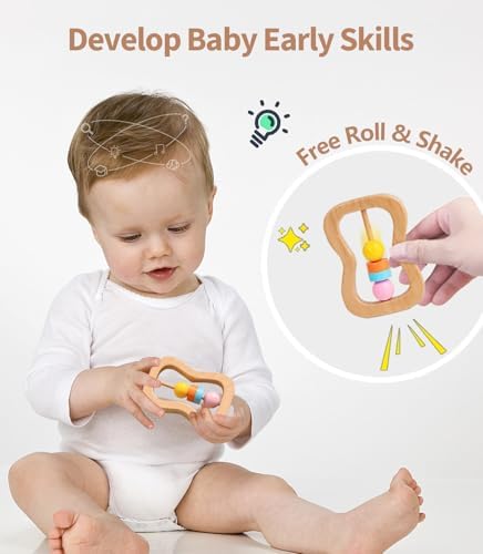 6 PCS Wooden Baby Rattle, Organic Colorful Baby Hand Rattles Set, Wood Rattles for Babies 0-6-12 Months, Wooden Teether Crochet Rattle Toy for Newborn Infant, Montessori Toys for Babies 0-6 Months - Image 6