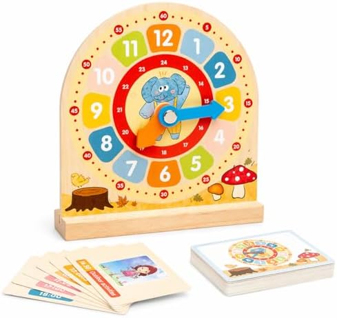 Busaurus Wooden Teaching Clock with 30 Cards for Kids by BusaurusToys