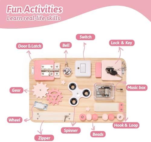 Potatomato Pink Montessori Wooden Busy Board – Sensory Toy for Toddlers – Educational Activity Board for Kids Fine Motor Skills– Travel Fidget Toy for Girls & Boys – Birthday Gift for Autism & ADHD - Image 4