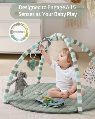 Blissful Diary Baby Play Gym Mat, Play Mat Activity Mat with 6 Detachable Toys for Stage-Based Sensory & Motor Skill Development, Easy to Install & Clean, Baby Essentials Gift, Sage Green - Image 3