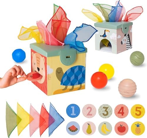 Taf Toys Baby Tissue Box Toy - Montessori Sensory Tissue Box Toy for Toddlers 18+ Months - Includes Play Box, 5 Organza Tissues, Balls & Feeding Cards - Boys&Girls Kids Early Learning Gifts Baby Toys by TafToys