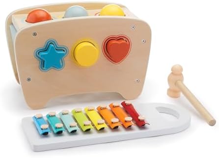 Amazon Basics Musical Pounding Bench With Xylophone and Shape Sorter Educational Toy for Toddlers, Developmental Learning Toy, Age 18M+, Boy Girl Baby, 11.6 x 5.2 x 6.3 inches, Multicolor by AmazonBasics