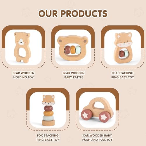 FReniland Wooden Montessori Toys, 5-Piece Wooden Baby Toys, Bear Baby Rattle, Fox Stacking Ring, Car Push and Pull Toys, Bear Grasping Toys,Newborn Baby Gift Sets for Boys and Girls - Image 6