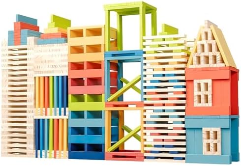 Premium 300 Pcs Rainbow Wooden Building Planks Kit, Open-Ended Creative Building Blocks Set for Kids Ages 3-12,Colorful Pine STEM Construction Toys - Educational Sorting & Patterning Gift (4.65 in) by PENEPICO-SIMPLELIFE