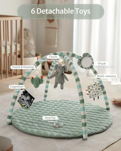 Blissful Diary Baby Play Gym Mat, Play Mat Activity Mat with 6 Detachable Toys for Stage-Based Sensory & Motor Skill Development, Easy to Install & Clean, Baby Essentials Gift, Sage Green - Image 4
